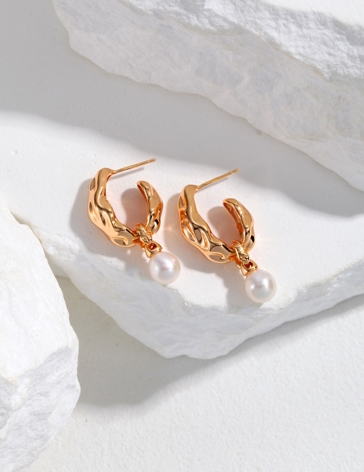 Silk Ribbon Pearl Earrings — Molten gold ribbon with a pearl drop