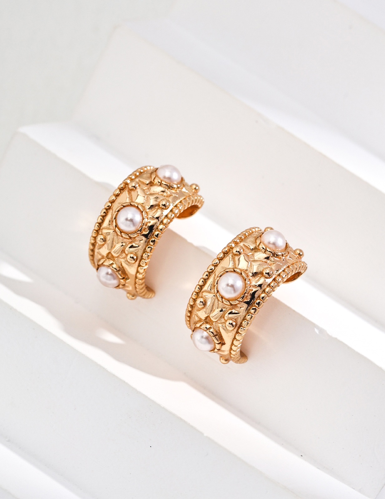 Heritage Pearl Hoops — Ornate gold hoops set with seed pearls